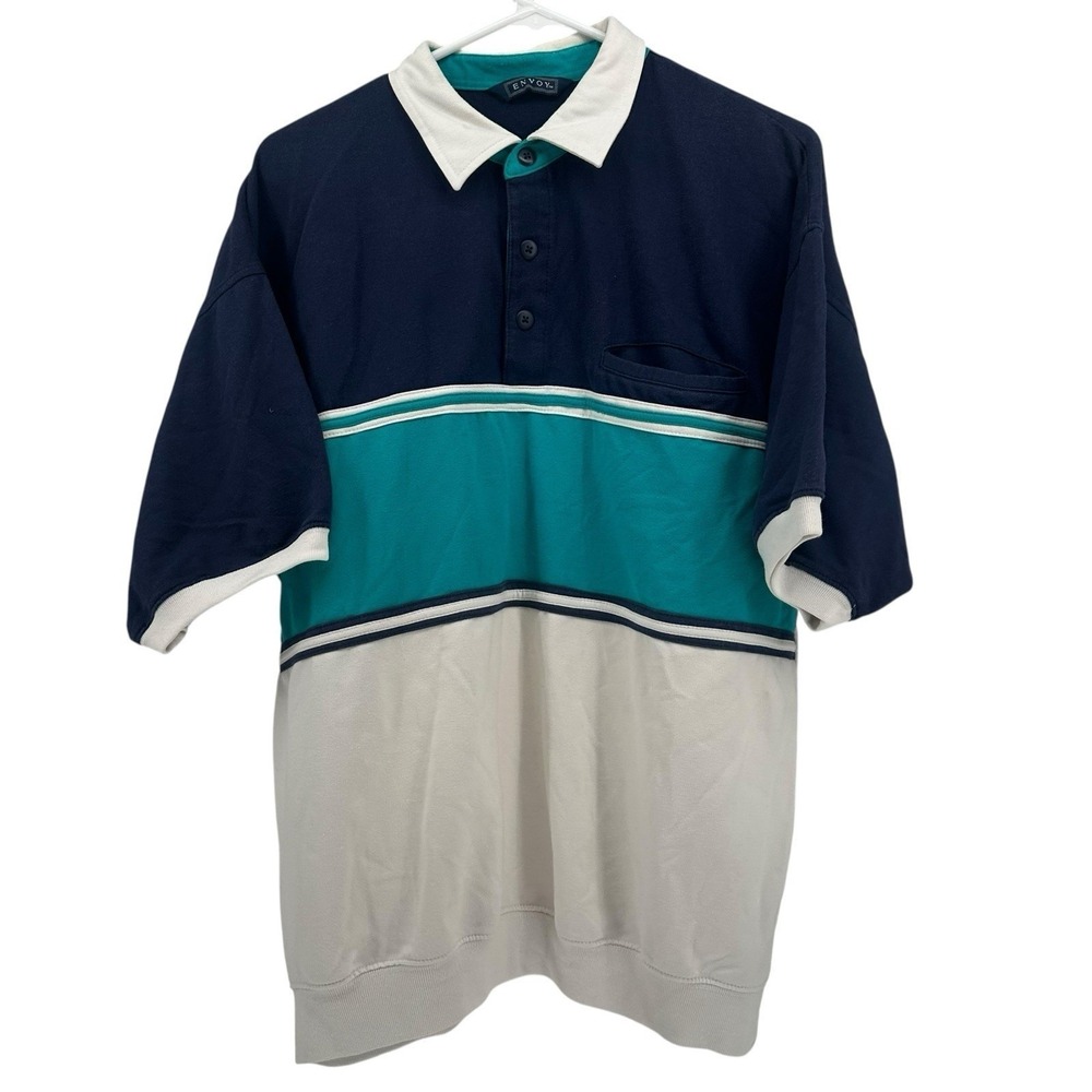 Vintage‎ Envoy Striped Polo Shirt Men's Size L  Navy Blue, Teal, White